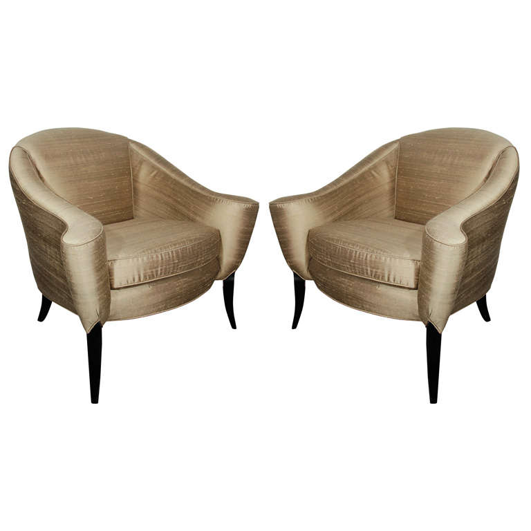 Pair of Hollywood Upholstered Club Chairs With Swept Arms